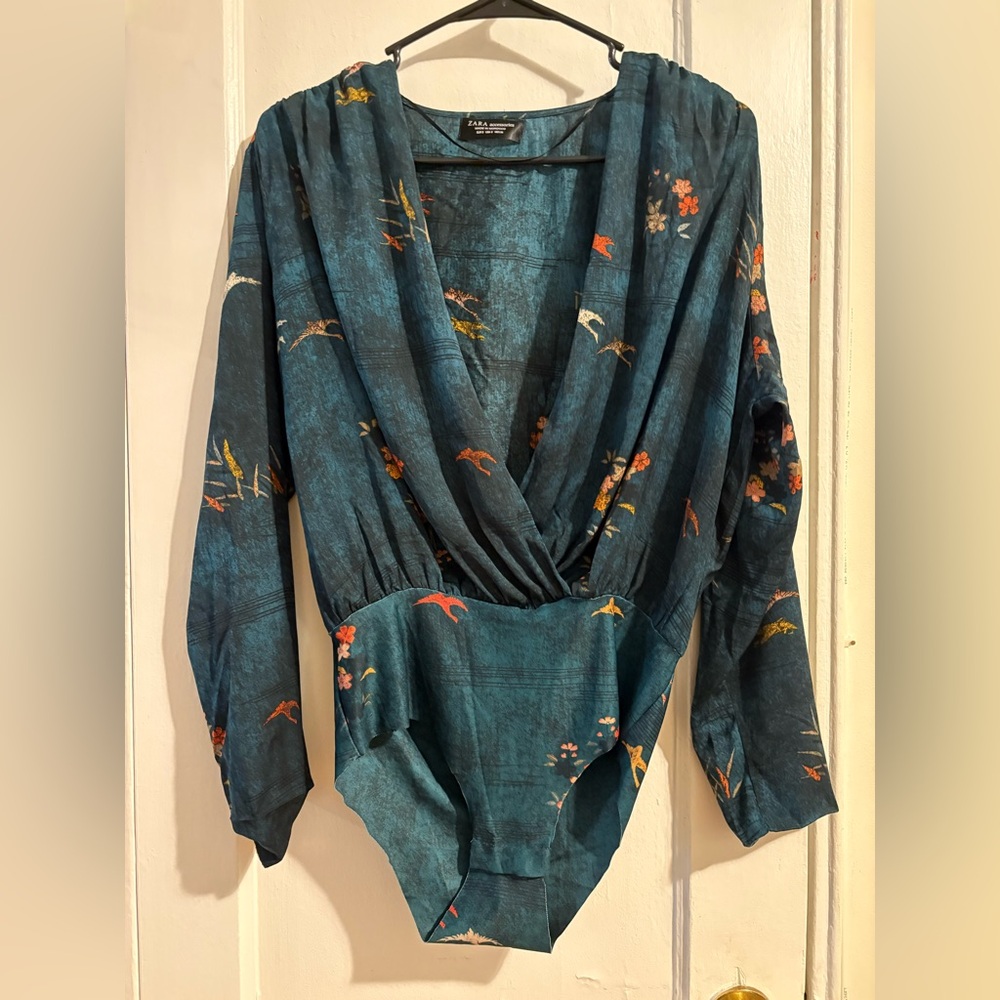 Zara Deep Teal Bird Print Bodysuit - Size Small